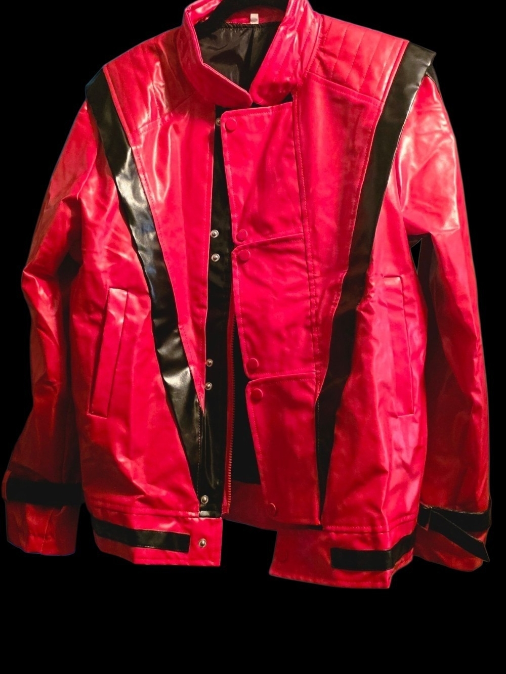 Women's Red Faux Leather Jacket with Black Trim